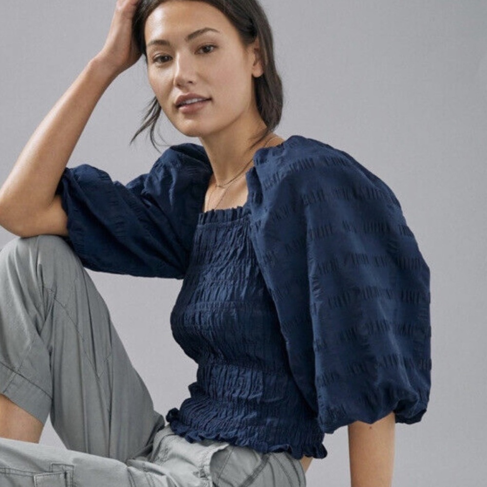 Anthropologie Maeve Bree Milkmaid Shirred Puff Sleeve Navy Blue Top
